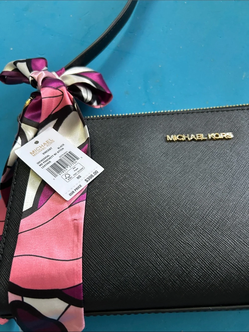Michael Kors Black Leather Shoulder Bag with Pink Accent Scarf NWT.